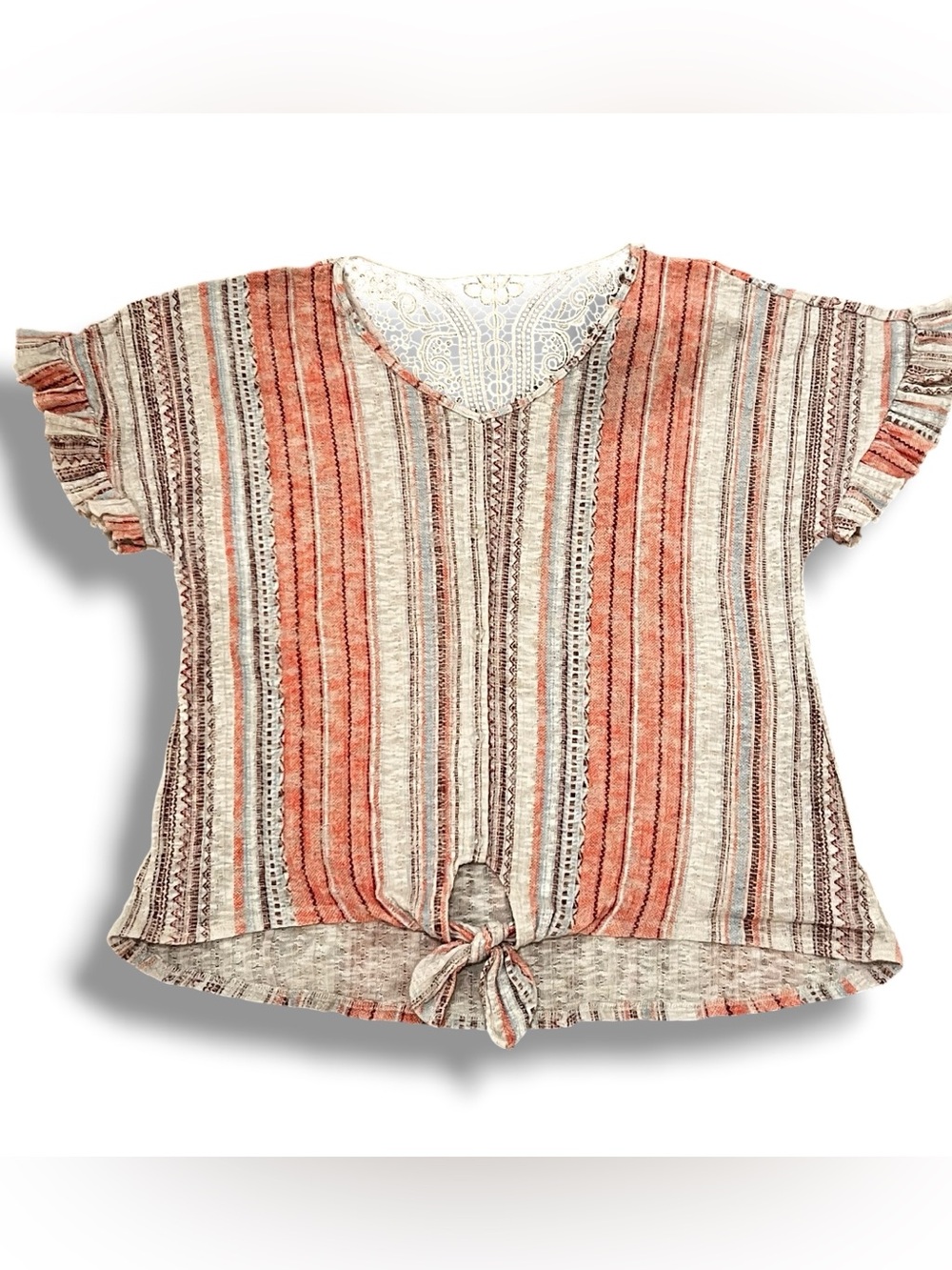 Jane + Delancey Striped Boho Top Women XL Rust Coral Flutter Sleeve Tie Front F5